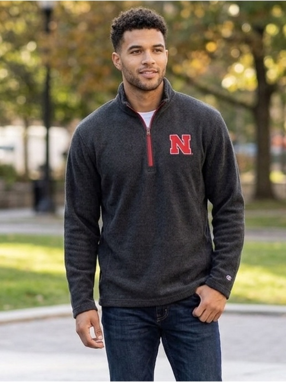 Men's Champion Charcoal Nebraska Huskers Ribbed Quarter-Zip Pullover, Size Large